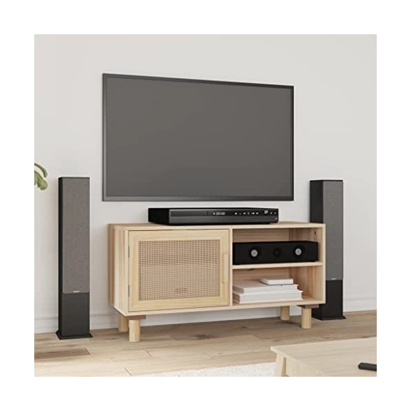 WOODEY Meuble TV en pin massif et rotin naturel Marron 80 x 30 x 40 cm