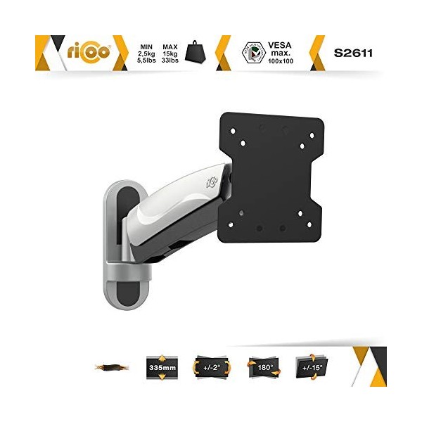 RICOO Support Mural écran PC S2611 Orientable Inclinable Universel 13-32" 33-81cm Fix ation Murale Moniteur LED/LCD/Incurvé