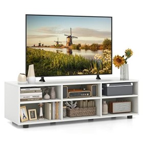 GOPLUS Meuble TV avec 6 Compartiments pour Téléviseur jusquà 140 CM, Banc TV Moderne avec Étagères Réglablesà 5 Positions, p