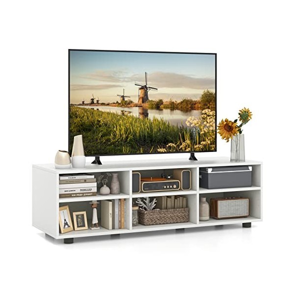 GOPLUS Meuble TV avec 6 Compartiments pour Téléviseur jusquà 140 CM, Banc TV Moderne avec Étagères Réglablesà 5 Positions, p
