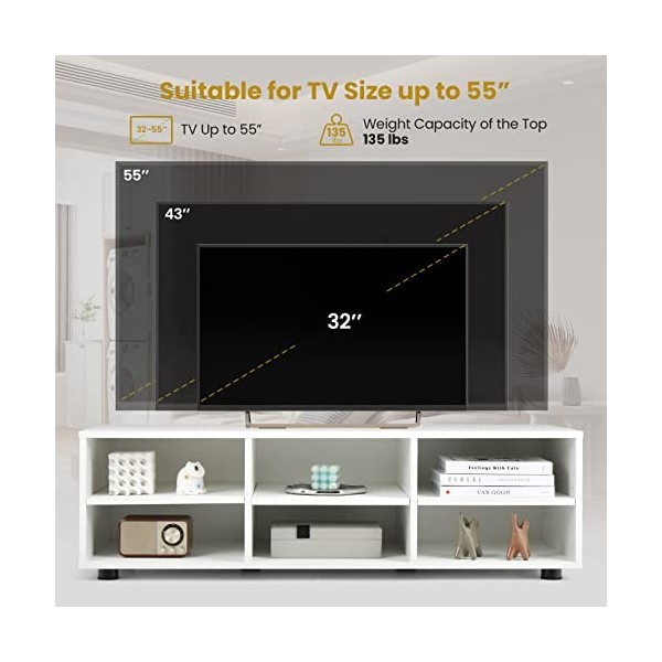 GOPLUS Meuble TV avec 6 Compartiments pour Téléviseur jusquà 140 CM, Banc TV Moderne avec Étagères Réglablesà 5 Positions, p