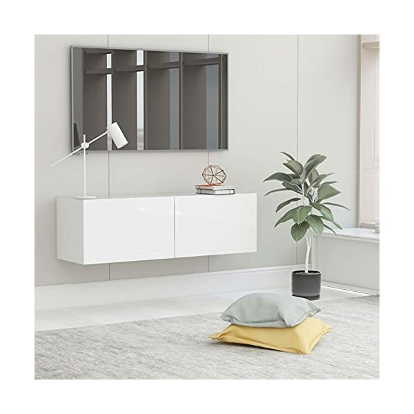 ARKEM Meuble TV Blanc Brillant 100x30x30 cm Aggloméré,Table Television Salon,Meuble TV Haut,Meuble Télé Haut