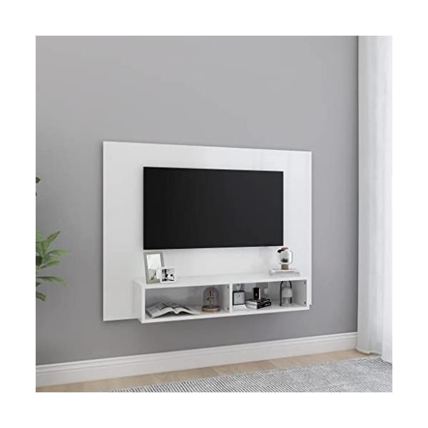 Meuble TV Suspendu | Style Elégance | Rangement matériel télé Audio Video Gaming | 120x23,5x90cm Blanc Brillant