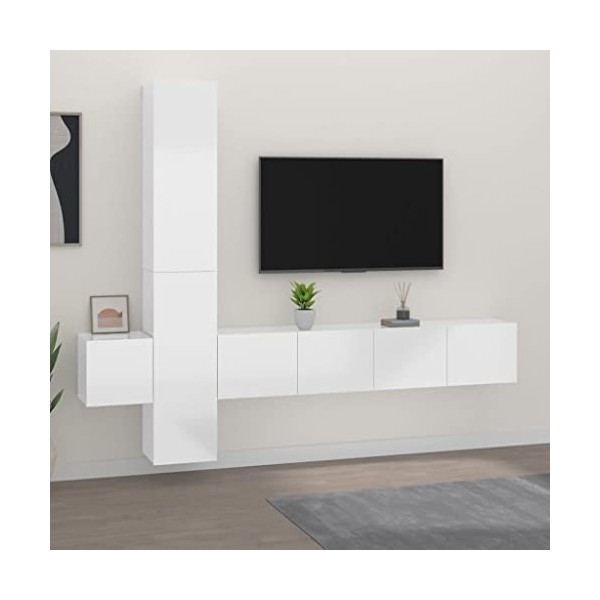Ensemble de Meubles TV 5 pcs Blanc Brillant Bois dingénierie - Meuble TV de Salon Banc Télé Industriel, Support Rangement Co
