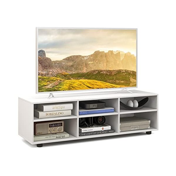 GIANTEX Meuble TV en bois jusquà 140 cm, meuble TV avec 6 compartiments ouverts, 3 étagères réglables, meubles de salon, 115