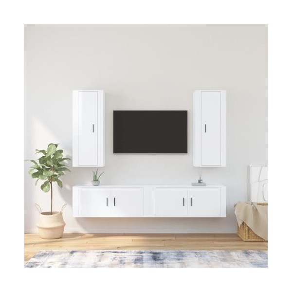 Ensemble de Meubles TV 4 pcs Blanc Brillant Bois dingénierie - Meuble TV, Armoire Basse Centre, Support Télé pour Salon Cham