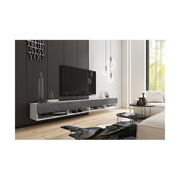 PIASKI Meuble TV LOWBOARD A 280 cm, Meuble TV avec éclairage en option, Meuble TV suspendu, Mobilier de salon Blanc/Gris 