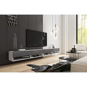 PIASKI Meuble TV LOWBOARD A 280 cm, Meuble TV avec éclairage en option, Meuble TV suspendu, Mobilier de salon Blanc/Gris 
