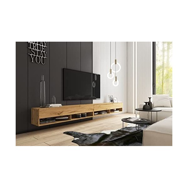 PIASKI Meuble TV LOWBOARD A 280 cm, Meuble TV avec éclairage en option, Meuble TV suspendu, Mobilier de salon Blanc/Gris 