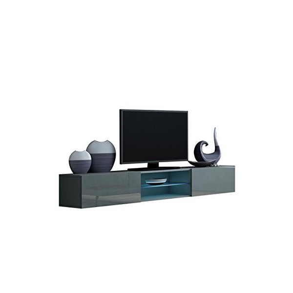 Mirjan24 Vigo Meuble TV Bas en Verre 180 cm, Armoire TV avec Plancher en Verre trempé, Armoire Suspendue avec Ouverture sans