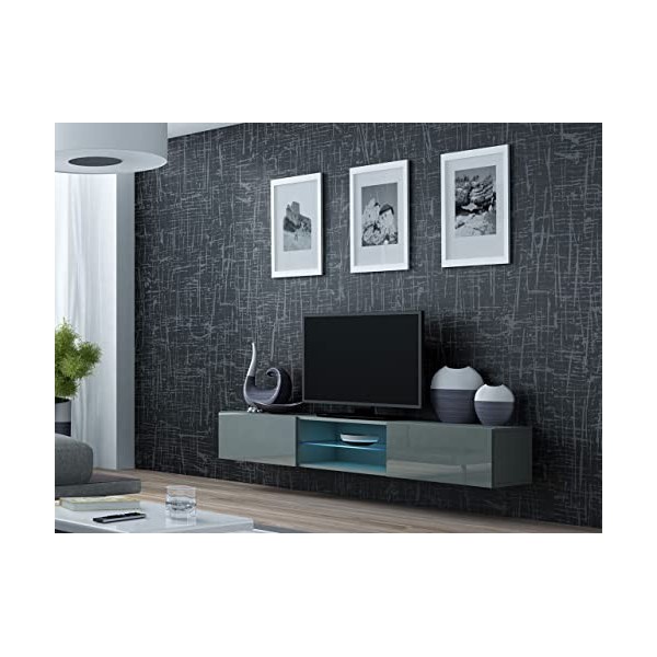 Mirjan24 Vigo Meuble TV Bas en Verre 180 cm, Armoire TV avec Plancher en Verre trempé, Armoire Suspendue avec Ouverture sans