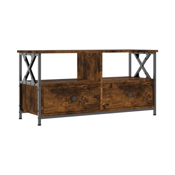 Meuble TV chêne fumé 90x33x45 cm Bois dingénierie et Fer - Meuble TV, Armoire Basse Centre, Support Télé pour Salon Chambre,