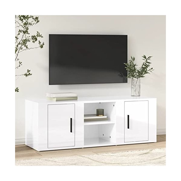 Keyur Meuble TV, Banc TV Buffet Bas Support de Télévision Meuble Télé Meuble TV Blanc Brillant 100x31,5x35 cm Bois dingénier