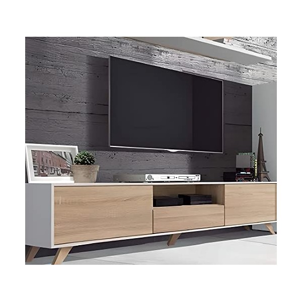 PEGANE Meuble TV avec Pieds Coloris Blanc/Chêne Cambrian - Longueur 183 x Profondeur 35 x Hauteur 44 cm