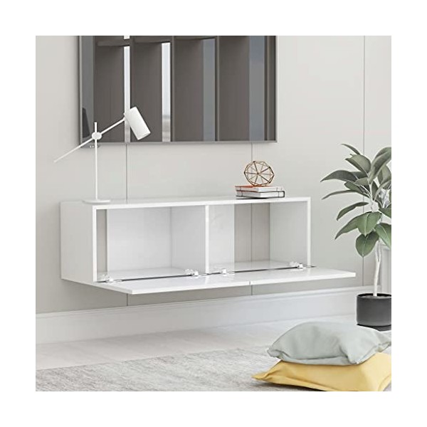 Kstyhome Meuble TV Suspendu Meuble TV de Salon Mural Blanc Brillant 100x30x30 cm Aggloméré