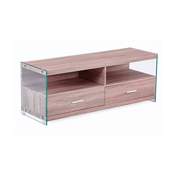 PEGANE Meuble TV avec 2 tiroirs en Bois/Verre Coloris chêne - Longueur 121 x Profondeur 39 x Hauteur 44 cm