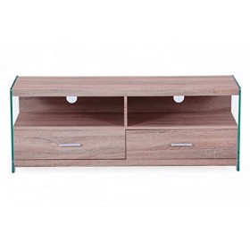 PEGANE Meuble TV avec 2 tiroirs en Bois/Verre Coloris chêne - Longueur 121 x Profondeur 39 x Hauteur 44 cm