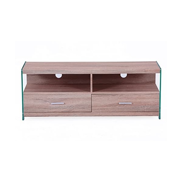 PEGANE Meuble TV avec 2 tiroirs en Bois/Verre Coloris chêne - Longueur 121 x Profondeur 39 x Hauteur 44 cm