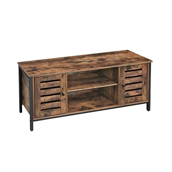 VASAGLE Meuble TV, Support télévision, avec étagères et placards de Rangement, Portes persiennes, pour Salon, Salle de Jeu, S