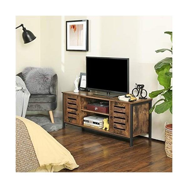 VASAGLE Meuble TV, Support télévision, avec étagères et placards de Rangement, Portes persiennes, pour Salon, Salle de Jeu, S