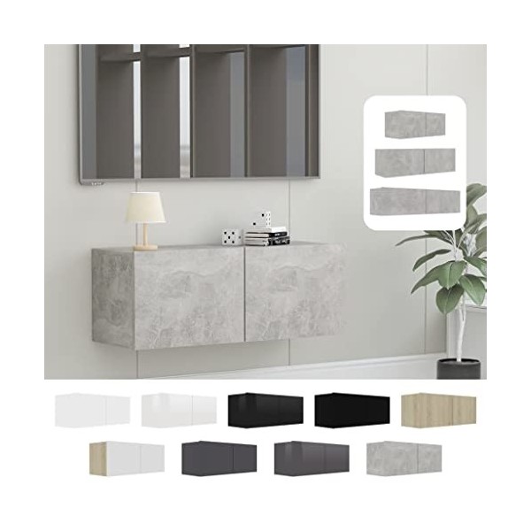 vidaXL Meuble TV Armoire Basse Murale Meuble Divertissement avec 2 Portes Multimédia Salon Maison Intérieur Gris Brillant 80x