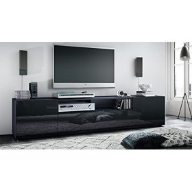 Vladon Meuble TV Mogan 181 x 39 x 35 cm, lowboard Long avec 6 Compartiments, Caisson en Anthracite Mat, façades en Noir Haute