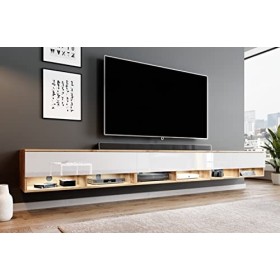 Furnix Alyx - Meuble TV Bas - 300 x 34 x 32 cm l x H x P 3 x 100 cm - avec éclairage LED - 6 Compartiments avec Porte « Pus