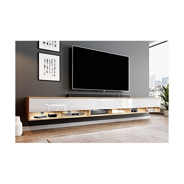 Furnix Alyx - Meuble TV Bas - 300 x 34 x 32 cm l x H x P 3 x 100 cm - avec éclairage LED - 6 Compartiments avec Porte « Pus