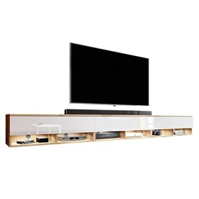 Furnix Alyx - Meuble TV Bas - 300 x 34 x 32 cm l x H x P 3 x 100 cm - avec éclairage LED - 6 Compartiments avec Porte « Pus