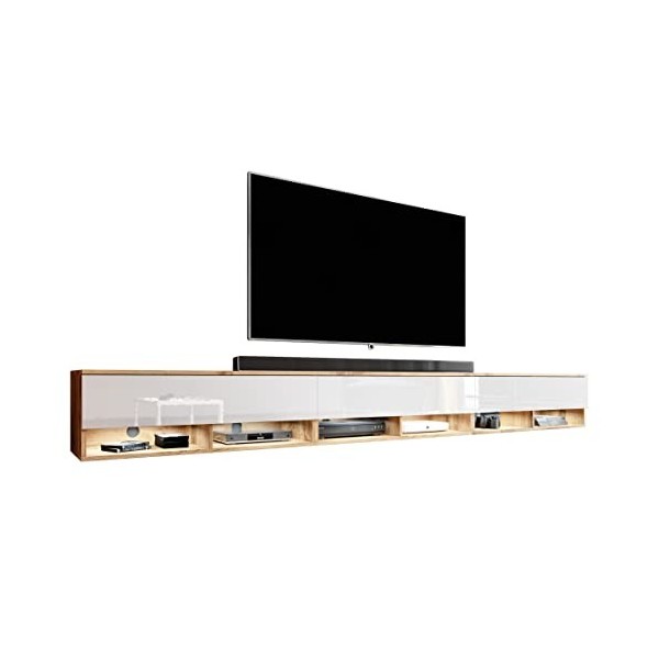 Furnix Alyx - Meuble TV Bas - 300 x 34 x 32 cm l x H x P 3 x 100 cm - avec éclairage LED - 6 Compartiments avec Porte « Pus