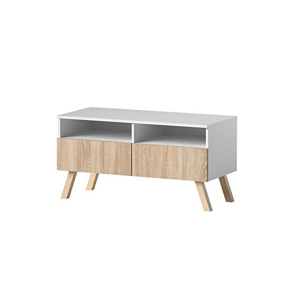 Siena Wood – Meuble TV/Table Basse TV 100 cm, Blanc Mat/Effet Chêne de Sonoma avec Pieds en Bois de hêtre et la LED 