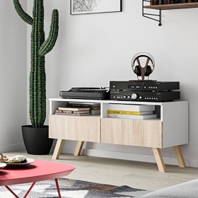 Siena Wood – Meuble TV/Table Basse TV 100 cm, Blanc Mat/Effet Chêne de Sonoma avec Pieds en Bois de hêtre et la LED 