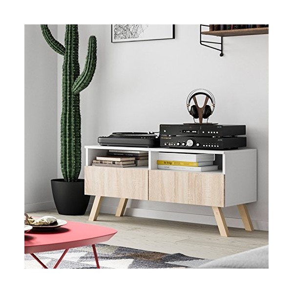 Siena Wood – Meuble TV/Table Basse TV 100 cm, Blanc Mat/Effet Chêne de Sonoma avec Pieds en Bois de hêtre et la LED 