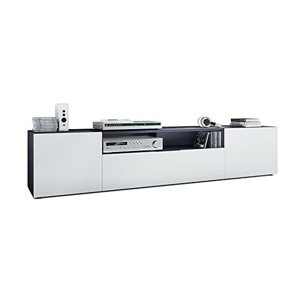 Vladon Meuble TV Mogan 181 x 39 x 35 cm, lowboard Long avec 6 Compartiments, Caisson en Anthracite Mat, façades en Blanc Mat