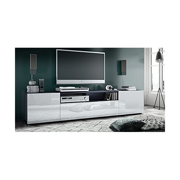 Vladon Meuble TV Mogan 181 x 39 x 35 cm, lowboard Long avec 6 Compartiments, Caisson en Anthracite Mat, façades en Blanc Haut