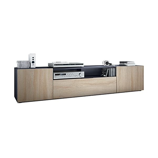 Vladon Meuble TV Mogan 181 x 39 x 35 cm, lowboard Long avec 6 Compartiments, Caisson en Anthracite Mat, façades en Chêne Brut