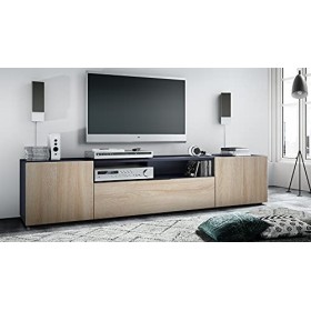 Vladon Meuble TV Mogan 181 x 39 x 35 cm, lowboard Long avec 6 Compartiments, Caisson en Anthracite Mat, façades en Chêne Brut