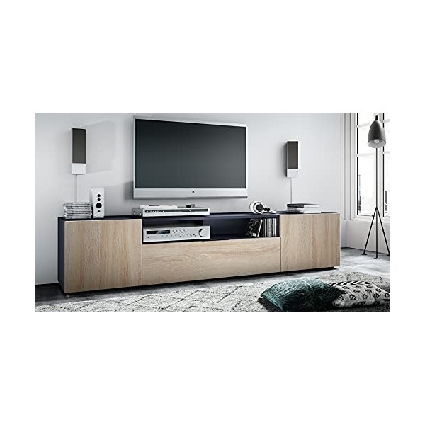 Vladon Meuble TV Mogan 181 x 39 x 35 cm, lowboard Long avec 6 Compartiments, Caisson en Anthracite Mat, façades en Chêne Brut