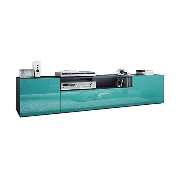 Vladon Meuble TV Mogan 181 x 39 x 35 cm, lowboard Long avec 6 Compartiments, Caisson en Anthracite Mat, façades en Turquoise 