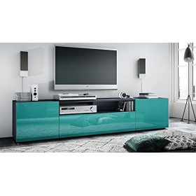 Vladon Meuble TV Mogan 181 x 39 x 35 cm, lowboard Long avec 6 Compartiments, Caisson en Anthracite Mat, façades en Turquoise 