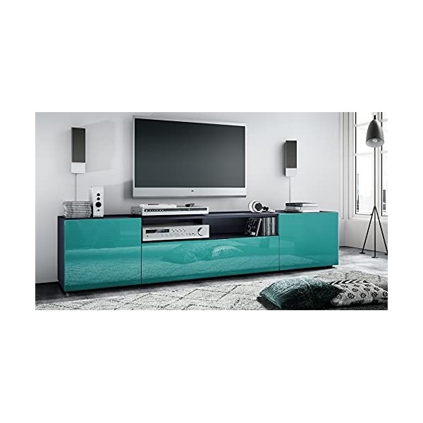 Vladon Meuble TV Mogan 181 x 39 x 35 cm, lowboard Long avec 6 Compartiments, Caisson en Anthracite Mat, façades en Turquoise 