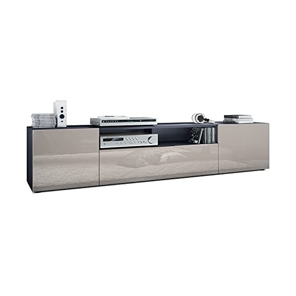 Vladon Meuble TV Mogan 181 x 39 x 35 cm, lowboard Long avec 6 Compartiments, Caisson en Anthracite Mat, façades en Gris Sable