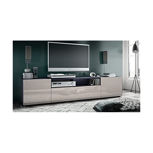 Vladon Meuble TV Mogan 181 x 39 x 35 cm, lowboard Long avec 6 Compartiments, Caisson en Anthracite Mat, façades en Gris Sable