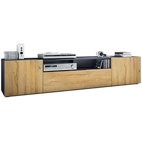 Vladon Meuble TV Mogan 181 x 39 x 35 cm, lowboard Long avec 6 Compartiments, Caisson en Anthracite Mat, façades en Chêne Natu