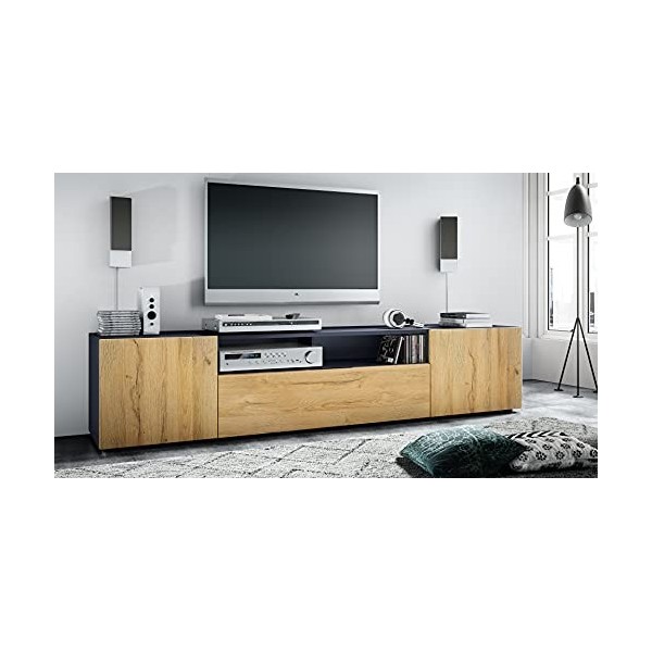 Vladon Meuble TV Mogan 181 x 39 x 35 cm, lowboard Long avec 6 Compartiments, Caisson en Anthracite Mat, façades en Chêne Natu