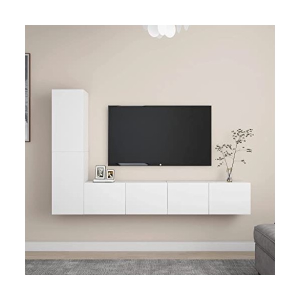 lvssiao Meuble TV pour salon avec 4 pièces en aggloméré Blanc très résistant Module TV pour chambre à coucher salon