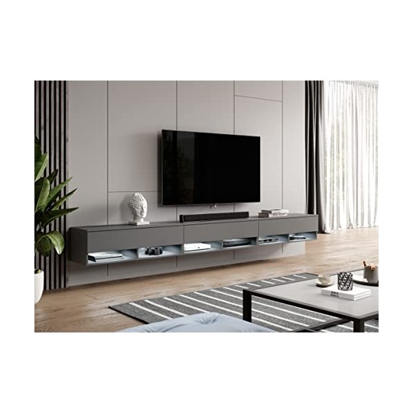 Furnix Alyx - Meuble TV Bas - 300 x 34 x 32 cm l x H x P 3 x 100 - avec éclairage LED - 6 Compartiments avec Porte « Push 