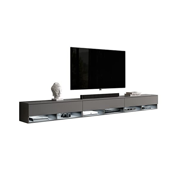 Furnix Alyx - Meuble TV Bas - 300 x 34 x 32 cm l x H x P 3 x 100 - avec éclairage LED - 6 Compartiments avec Porte « Push 