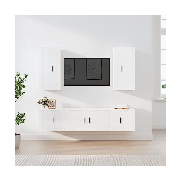 Ensemble de Meubles TV 5 pcs Blanc Brillant Bois dingénierie - Banc TV, Meuble TV Suspendu, Convient pour Salon ou Chambre