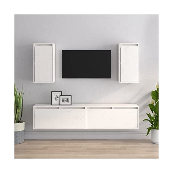 Meubles TV 4 pcs Blanc Bois Massif de pin - Meuble Chambre, Support Télé pour Salon Salle à Manger Chambre, Style Industriel